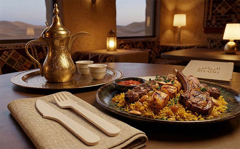 Jiaxun Wood Industry - High-End Middle East Supply Chain Premium polished wooden knife and fork paired with gourmet Saudi cuisine in a luxury Riyadh restaurant